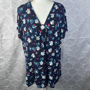 Lane Bryant Navy Floral Ring Front V-Neck Blouse Short Sleeve Stretchy Top 26/28